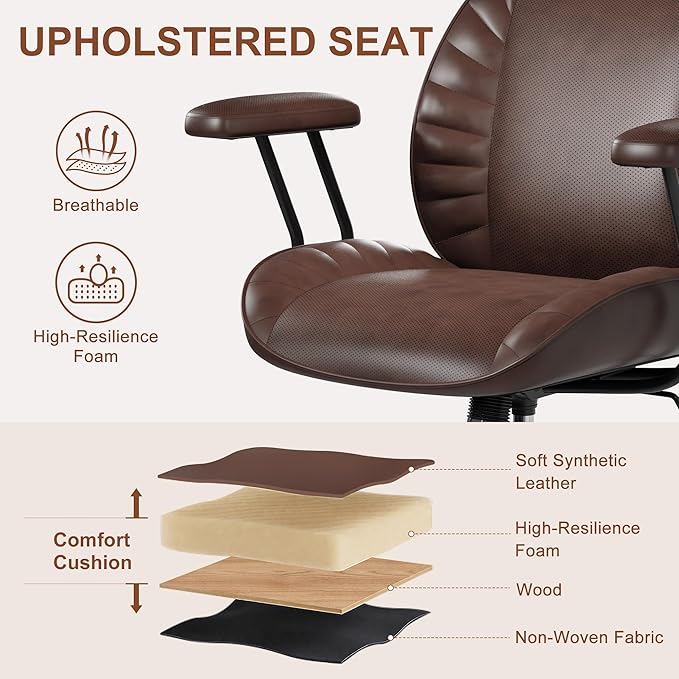 BFZ Home Office Desk Chair, Adjustable Comfy Desk Chair with Wheels, Comfortable Ergonomic Office Chair, Criss Cross Office Desk Chair with Back for Vanity,Home Office or Workspace, Dark Brown Leather