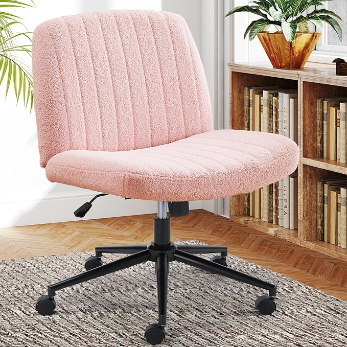 Sweetcrispy Criss Cross Chair Legged with Wheel, Armless Office Swivel Desk Chair with Wheel, Vanity Height Adjustable Wide Seat Comfy Cute Computer Task Seating for Home Bedroom