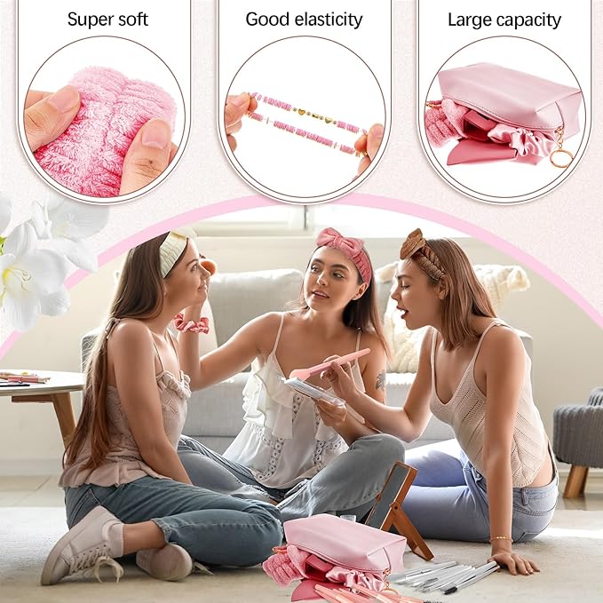 Zeyune 36 Pcs Gifts Sets Bulk for Tween Teen Women Preppy Party Favors Set Preppy Makeup Bag Hair Pin Scrunchies Headbands Bracelets Trendy Stuff Gift for Women Friend Birthday Present(Pink Series)