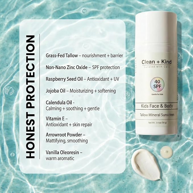 Kids Mineral Sunscreen SPF 40 – Non-Nano Zinc Oxide Sun Protection with Grass-Fed Tallow, Lightweight No White Cast, Gentle for Sensitive Skin