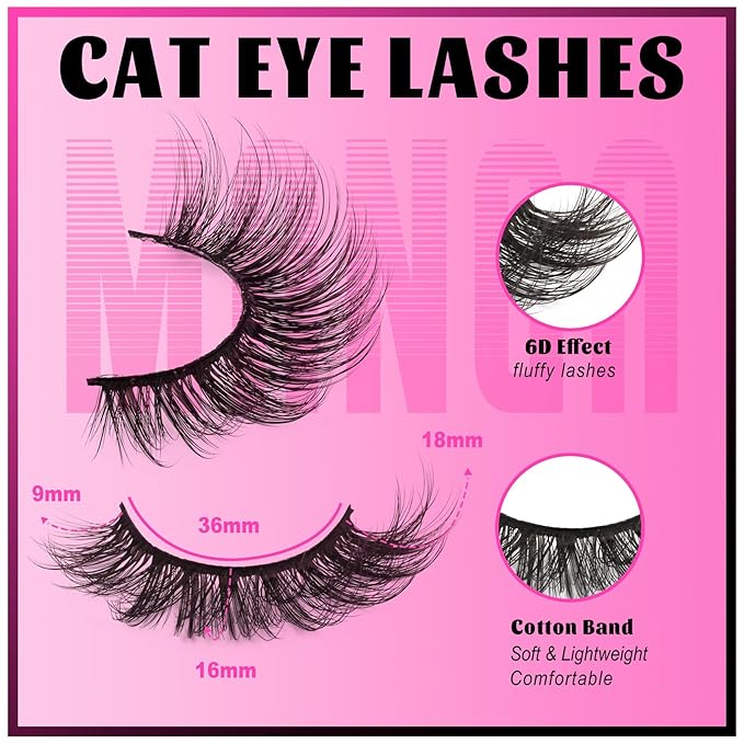 Veleasha Cat Eye Lashes 6D Faux Mink False Eyelashes Fluffy Wispy Strip Lashes Soft 100% Handmade Crisscross Fake Eyelashes Fox Eye Lash 7 Pairs Pack (Fluffy02)
