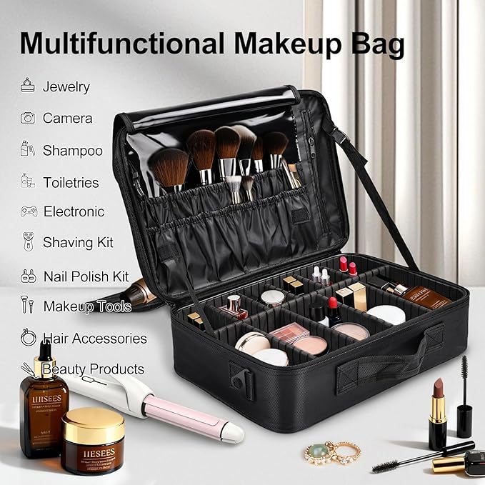 Professional Makeup Train Case with Brush Holder, Large Makeup Travel Bag Organizer, Portable Cosmetic Carry Case 3 Layer Makeup Artist Storage Box with Adjustable Dividers and Shoulder Strap, Black