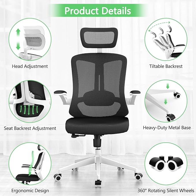 Office Chair Desk Chair, Ergonomic Mesh Computer Chair with 90-130° Recline & 360° Smooth-Rolling Casters, Lumbar Support Task Chair for Home Office, Comfortable for Women, Teens(B-Black)