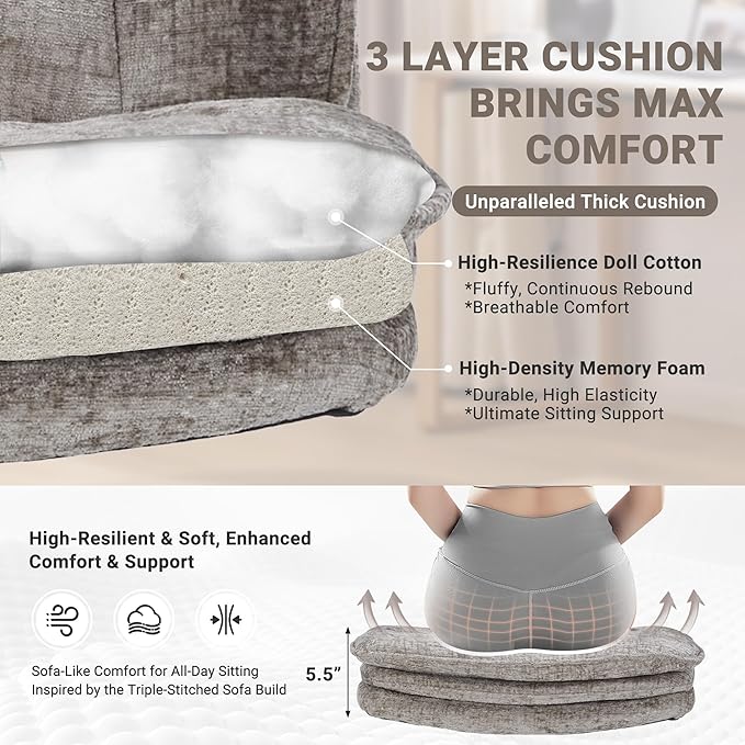 Criss Cross Chair with Wheels and Flip Arms, Upholstered Cross Legged Office Chair with 3 Layer Cushions&Dynamic Airbag Lumbar Support, Wide Seat Comfy Desk Chair for Home Office, Living Room, Khaki