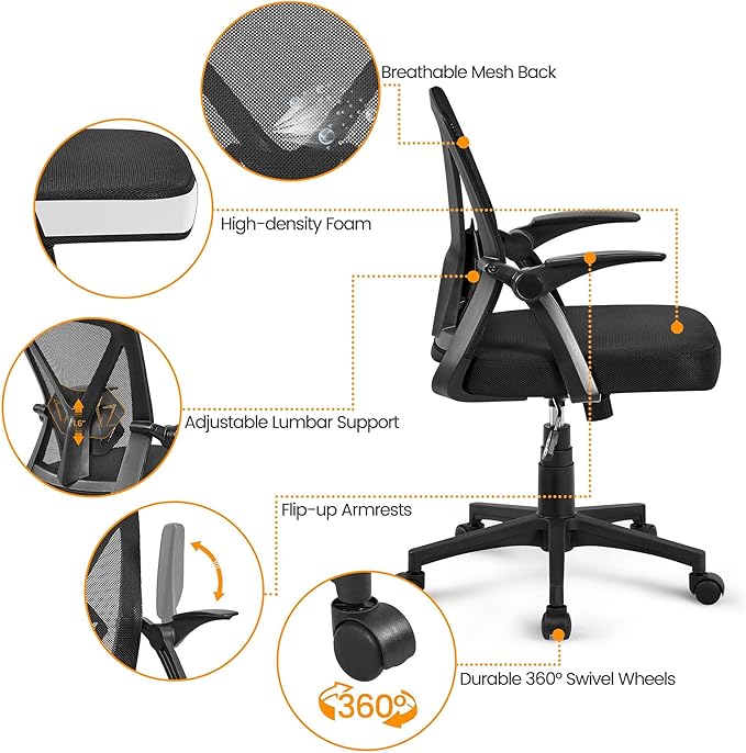 Yaheetech Home Office Chair Work Desk Chair Swivel Computer Mesh Chair with Flip-up Arms Adjustable Height Lumbar Support Executive Office Task Chair for Home Office Students Study, Black
