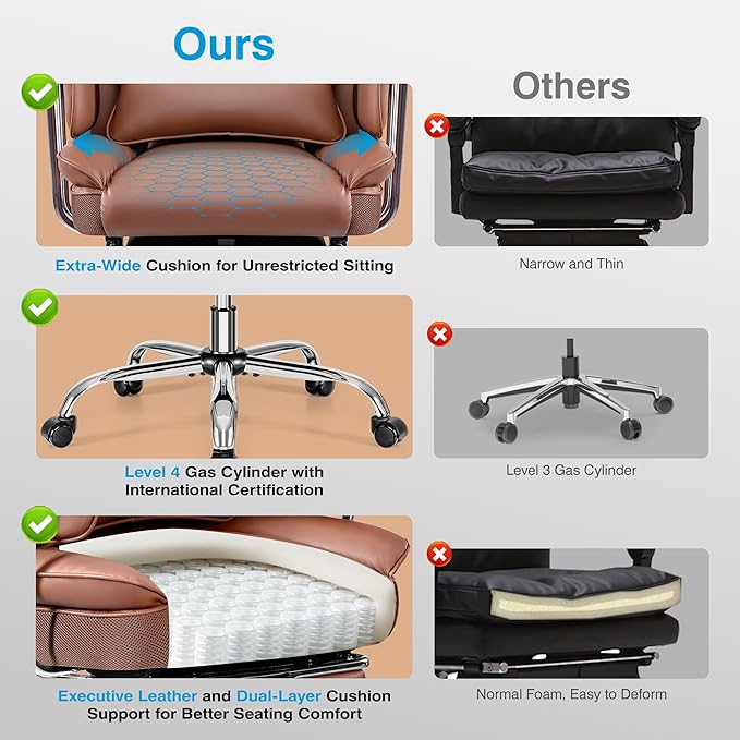 Office Chair Comfy, Big and Tall Executive Leather Chair, High Back Ergonomic Wide Chair with Footrest, Reclining Computer Desk Chair, Heavy Duty Gaming Chair with Padded Arm and Pillow, Brown