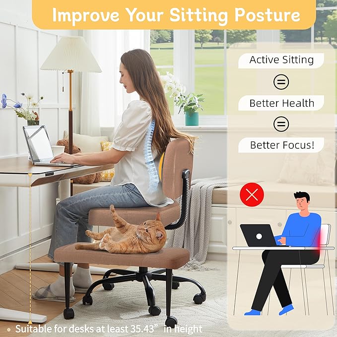Criss Cross Legged Office Chair with Wheels,Swivel Meditation Chair for ADHD,Ergonomic Desk Chair with Thicken Adjustable Footstool,Fabric Sitting Fidgeting Kneeling Chair for Home Yoga Brown
