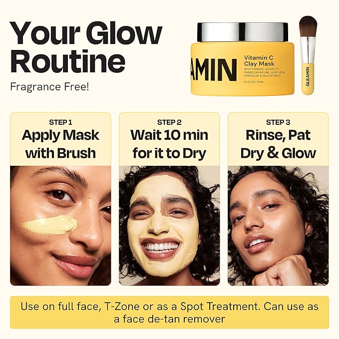 Gleamin Vitamin C Clay Mask for Dark Spots - Brightening Clay Face Mask with Turmeric, Deep Cleansing & Pore Refining Treatment, Helps Improve Uneven Tone & Post-Blemish Texture, 2.5 oz Up to 20 Uses