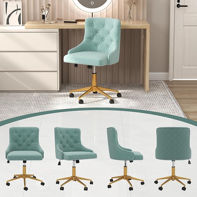 Westice Velvet Desk Chairs, Upholstered Swivel Comfy Makeup Vanity Chair with Tufted Back, Gold Metal Base & Wheels, Height Adjustable Chair for Girls, Bedroom Living Room, Mint Green