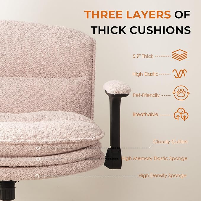 Dowinx Criss Cross Chair with Adjustable Flip-up Arms and Wheels, Comfort Ergonomic Office Desk Armchair with 3 Layer Cushions, Wide Seat Vanity Chair for Home Office, Living Room, Bedroom, Pink