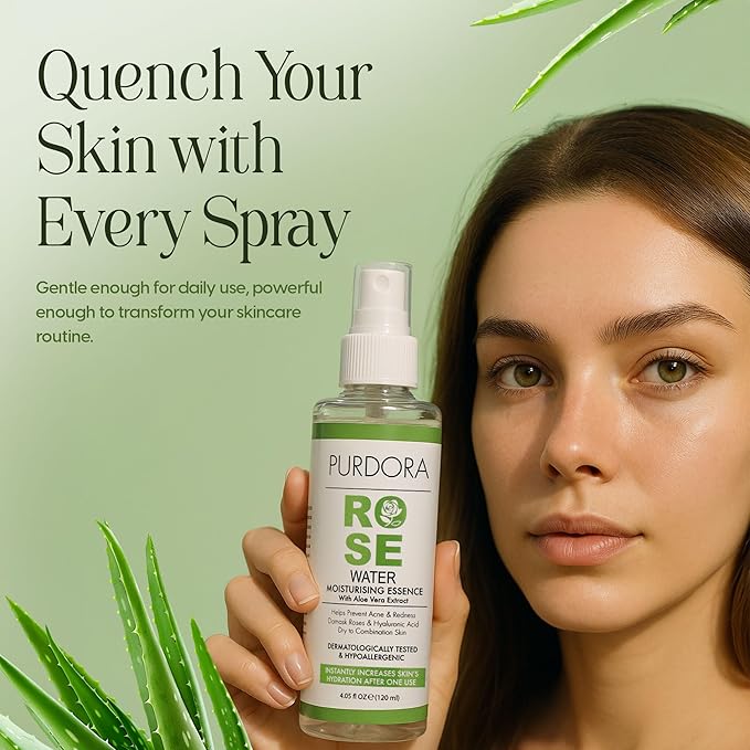 Rose Water Face Mist Toner with Aloe Vera & Hyaluronic Acid – Hydrating & Soothing Spray for Redness, Dry & Acne-Prone Skin – Natural, Alcohol-Free – 4.05 fl oz