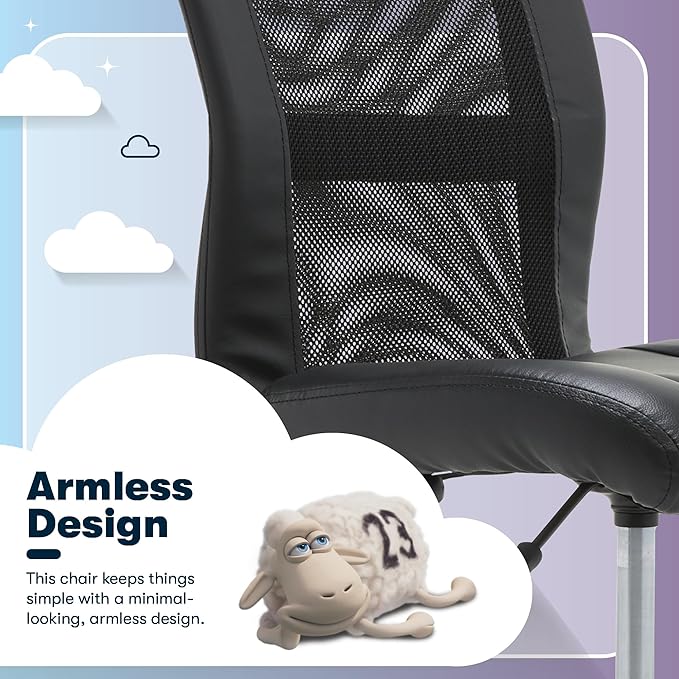 Serta Essential Armless TaskChair, Small Desk Chairs with Wheels, Breathable Mesh Back and Faux Leather, Quality Foam Cushion Seat for Comfort, Minimal Design for Vanity Table, Black