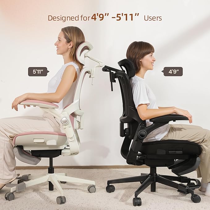 CabLady S2 Petite Ergonomic Office Chair for Women, Small Frame Desk Chair with Adjustable Lumbar, Headrest & Footrest, Space-Saving Flip-Up Armrests