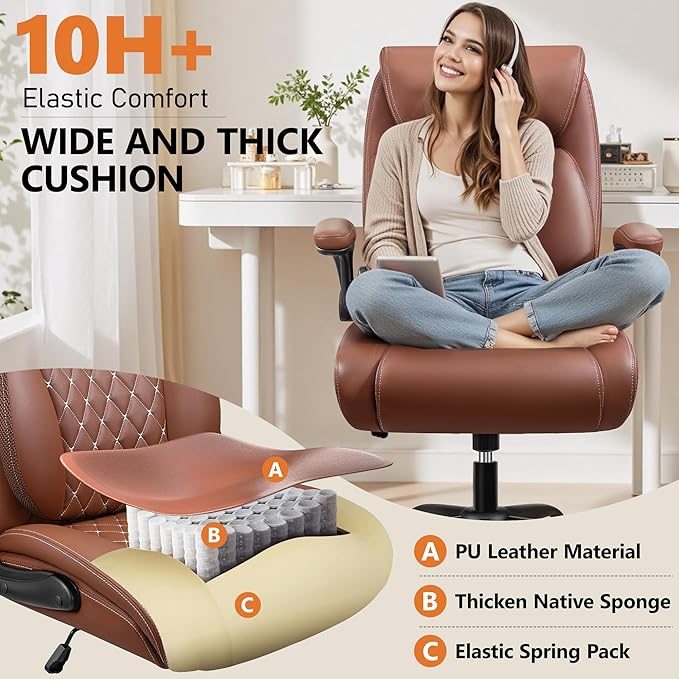 Office Chair,Ergonomic Office Chair with Lumbar Support for Lower Back Pain Relief, Executive Leather Chair with Padded Flip-up Arms, Wheels and Adjustable Armrests, Brown Pack of 2