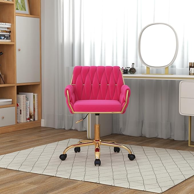 Velvet Home Office Chair, Modern Height-Adjustable Vanity Chair with Golden Base and Hand-Woven Backrest for Bedroom/Study/Vanity (Hot Pink)