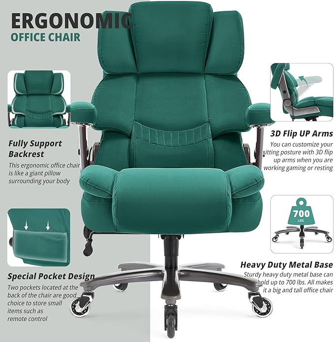 Fabric Big and Tall Office Chair 700lbs-High Back Executive Cloth Computer Chair with Adjustable Lumbar Support 3D Flip Arms Plus Size Rubber Wheels-Extra Wide Large Desk Chairs, Heavy Duty Metal Base