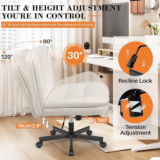 FelixKing Criss Cross Chair with Wheels, Cross Legged Office Chair, Armless Wide Vanity Desk Chair with Comfty PU Leather & Back - Swivel Height Ajustable for Home Office Bedroom, Pearl White
