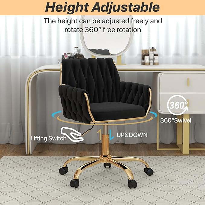 Velvet Modern Home Office Vanity Chair, 360° Swivel Adjustable Height Makeup Desk Chair with Golden Base and Hand Woven Backrest for Bedroom/Study/Vanity (Black)