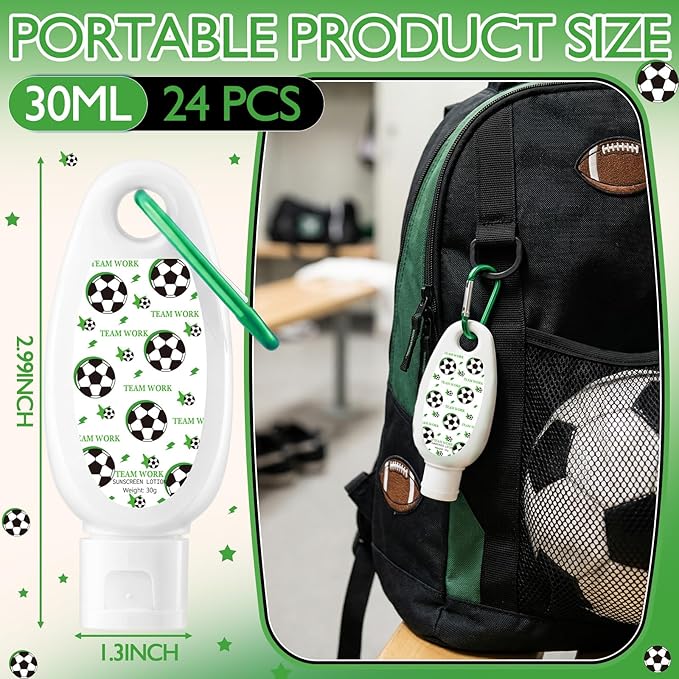 Leelosp 24 Pcs Soccer Team Gift Bulk Mini Sunscreen Travel Size 1oz Sport Party Favor Sunscreen Keychain with Clip Spf 30 Fragrance Free Broad Spectrum Soccer Accessories for Girl