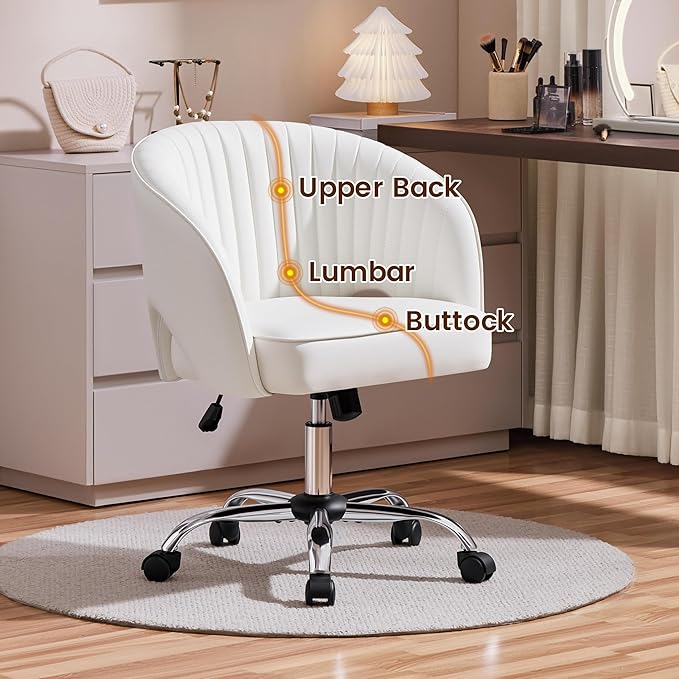 Yaheetech Home Office Chair, Faux Leather Desk Chair, Modern Swivel Chair with Tufted Barrel Back, Rolling Wheels for Office,Study, Vanity, Bedroom White