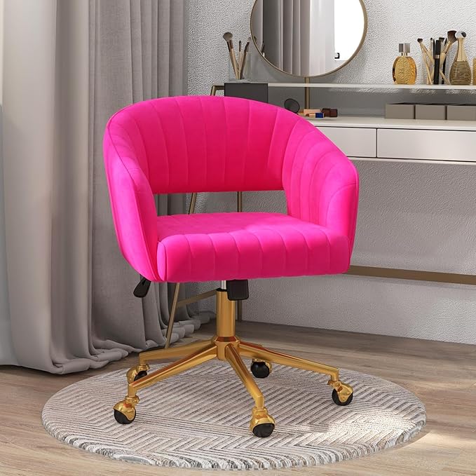 Home Office Swivel Desk Chair, Modern Velvet Vanity Chair, Height Adjustable Armchair with Gold Base, Ergonomic Office Chair for Task Study Computer Room, Hot Pink