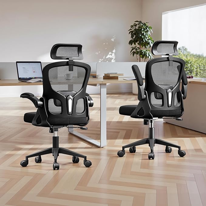 Ergonomic Office Chair, Mesh Desk Chair with Adjustable Headrest & Lumbar Support, Rolling Computer Chair with Flip-up Armrests, Comfy Swivel Home Office Chair for Long Hours - Black