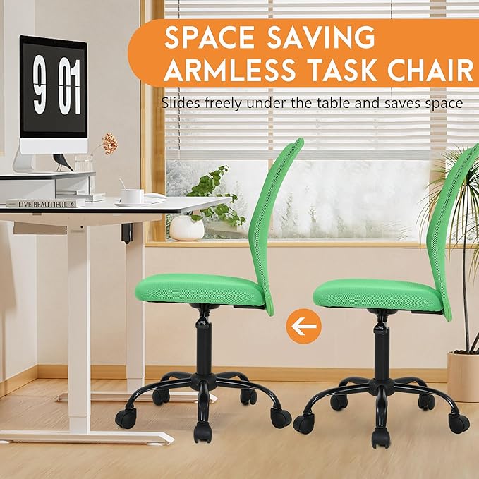 FDW Home Office Chair Mid Back Mesh Desk Chair Armless Computer Ergonomic Task Rolling Swivel Chair Back Support Adjustable Modern with Lumbar Support (Pack of 2, Green)