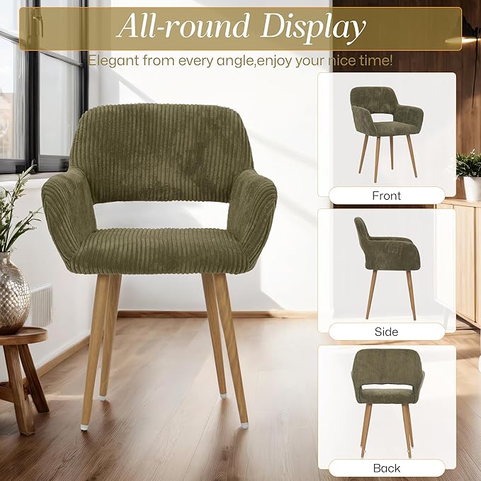 HENJIANYI Home Office Corduroy Desk Chair, Makeup Vanity Chair, Comfy Accent Armchair with Wood Grain Metal Legs, Cute Dining Chair with Hollowed Back, Green