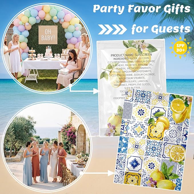 Leelosp 100 Pack Travel Size Sunscreen Bulk Mini Sunscreen Packets Spf 30+ for Beach Trip Vacation Outdoor, Wedding Party Favors Mediterranean Summer Thank You Gifts for Guests Women