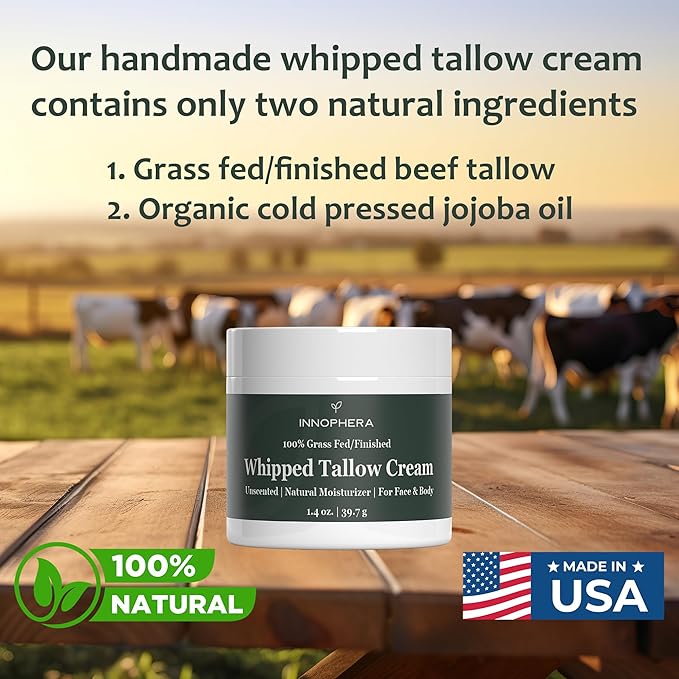Whipped Beef Tallow Cream for Skin Care ‒ Grass Fed & Grass Finished ‒ 100% Natural Moisturizer for Sensitive Skin ‒ Handmade Face & Body Lotion ‒ Unscented & Odorless ‒ 1.4 oz.