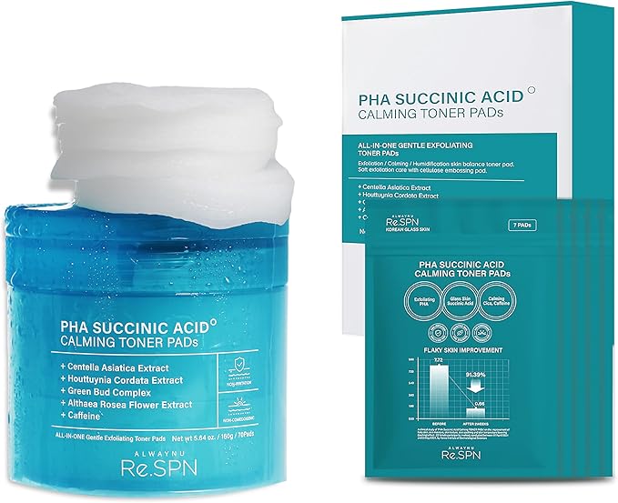 Re.SPN PHA Succinic Acid Calming Toner Pads – Daily Exfoliating, Hydrating and Soothing with CICA, Caffeine, Non-comedogenic, Vegan, Glass Skin, K-Beauty (70 + 35 Count)