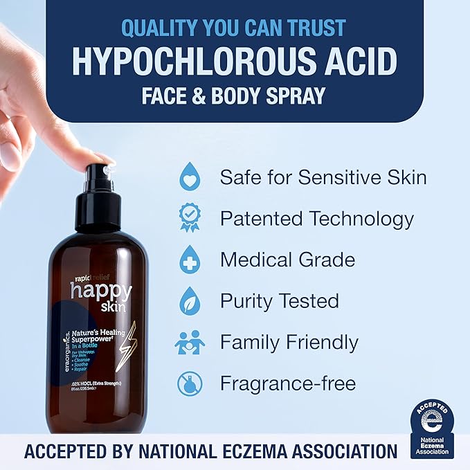 Happy Skin .02% Hypochlorous Acid Spray Toner– Extra Strength, Extra Gentle 100% Natural Toner & Skin Cleanser for Face & Body– Soothe, Hydrate & Repair Dry, Sensitive Skin– pH Balanced, Non-Toxic 8oz