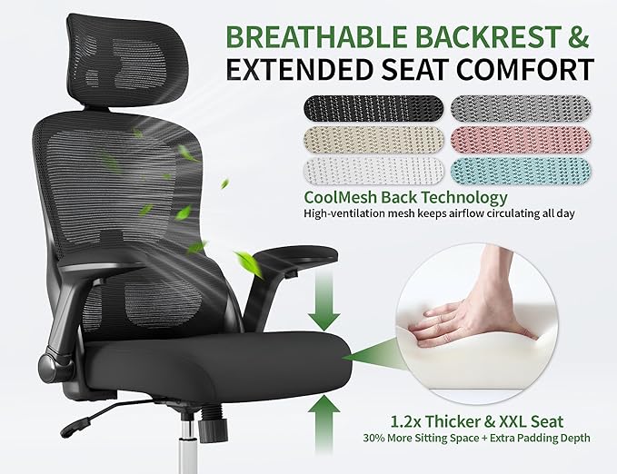 Office Chair - Ergonomic Desk Chair with Adjustable Headrest Lumbar Support Computer Chair - Mesh Comfy Chairs with Flip-up Armrests - Big and Tall Gaming Chairs for Adults Home Office(Black)