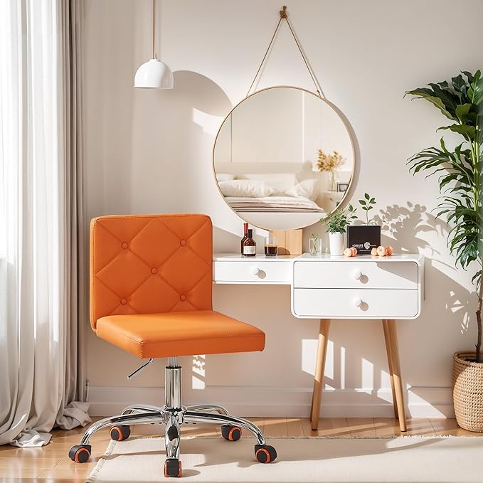 VECELO PU Leather Mid-Back Armless Vanity Chair Adjustable Height 360° Rolling Swivel for Home Office Work