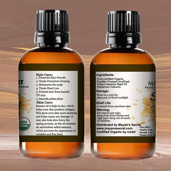 USDA Certified Virgin Organic Sesame Seed Oil Unrefined 100% Pure Natural for Skin, Body, Face, and Hair Growth Large 4oz Glass Bottle