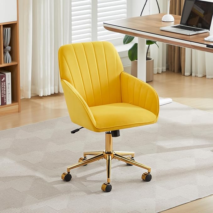 YITAI Velvet Office Desk Chair with Wheels and Gold Base,Modern Height Adjustable 360 Degree Swivel Upholstered Vanity Chairs with Arms for Living Room Bedroom, Study,Yellow