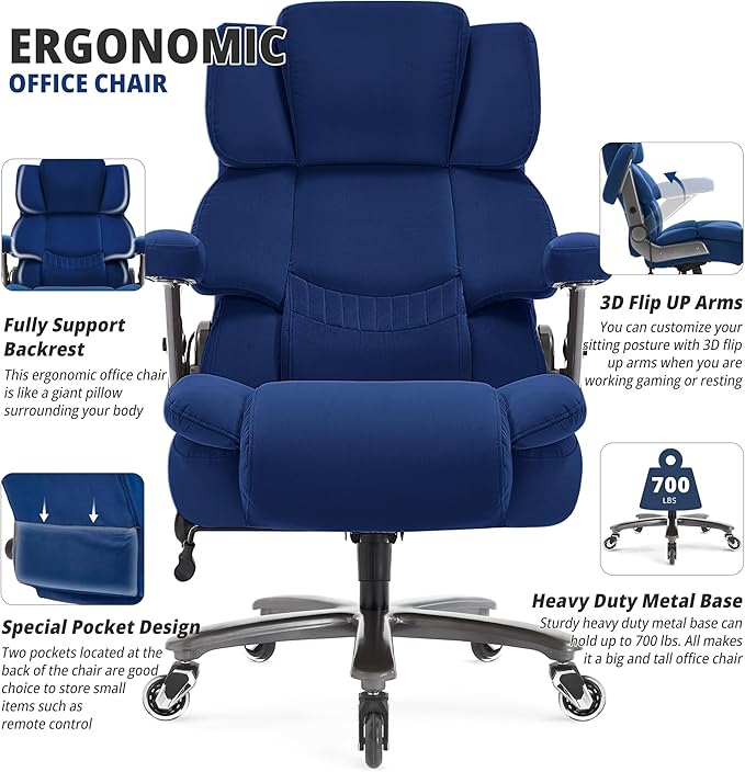 Fabric 700lbs Big and Tall Office Chair-Large Computer Chair with Adjustable Lumbar Support 3D Flip Arms Plus Size Wheels, High Back Executive Desk Chair, Heavy Duty Metal Base, Thick Padded Wide Seat