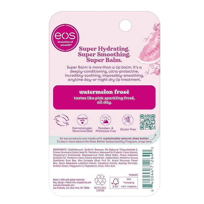 eos Lip Balm, 24H Moisture, Super Balm, Sensitive Skin | Watermelon Frosé | Lip Mask | Day or Night Treatment | Pack of 2
