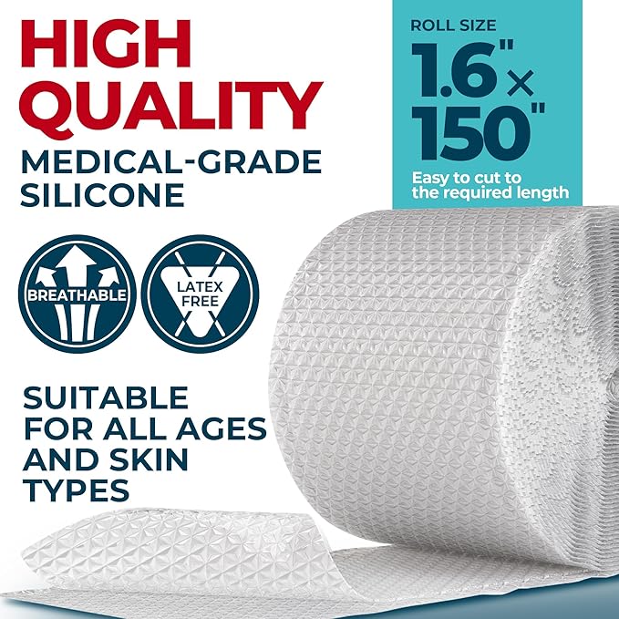 Medical Grade Silicone Scar Tape - Transparent (1.6”x150”) - Visible Difference on Surgical & Keloid Scars - Reusable Silicone Scar Sheets - Easy to Use Silicone Tape for Scars