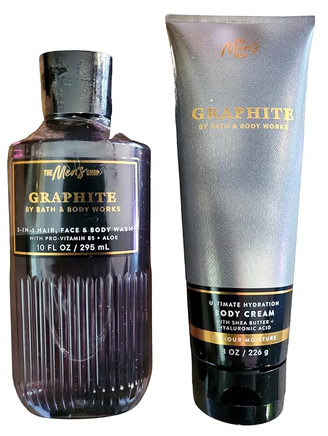 Bath & Body Works Men's Graphite Ultimate Hydration Body Cream and 3-in-1 Face, Hair, Body Gel Wash 2 Piece Set