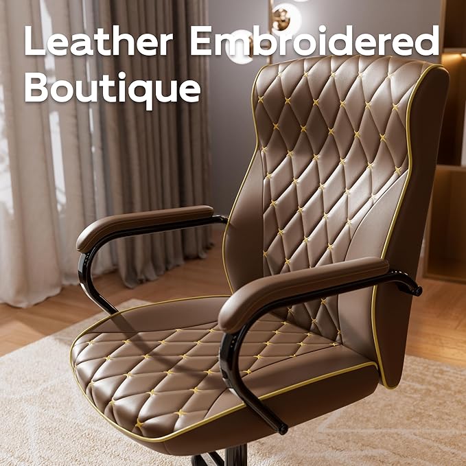 Brown Office Chair with Soft Leather Embroidery, Mid Back Vintage Swivel Executive Desk Chair with Wheels and Padded Arms, Adjustable Height