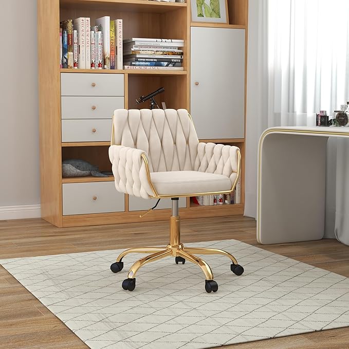 Velvet Home Office Chair, Modern Height-Adjustable Vanity Chair with Golden Base and Hand-Woven Backrest for Bedroom/Study/Vanity (Beige)