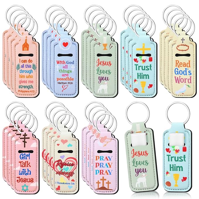 72 Pcs Christian Bible Lipstick Holder Key Chain Lip Balm Holder Gift Bulk with Metal Ring Lipstick Lip Gloss Pouch Religious Party Bible Inspiration Gift for Women Man Church(Cute)
