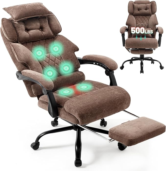 Massage Office Chair with Foot Rest,6 Points Vibration & Heat Executive Office Chairs for Heavy People,500LBS Big and Tall Office Chair,Ergonomic Reclining Desk Chair,Dual-Use Pillow,Home Office,Brown