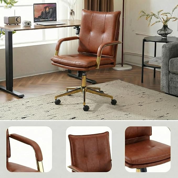 MOJAY Office Chair, Leather Desk Chair, Brown Desk Chair, Mid Century Modern Office Chair, Swivel Comfy Upholstered Wide Seat Chair with Gold Legs and Armrests for Home, Office (Brown&Golden)