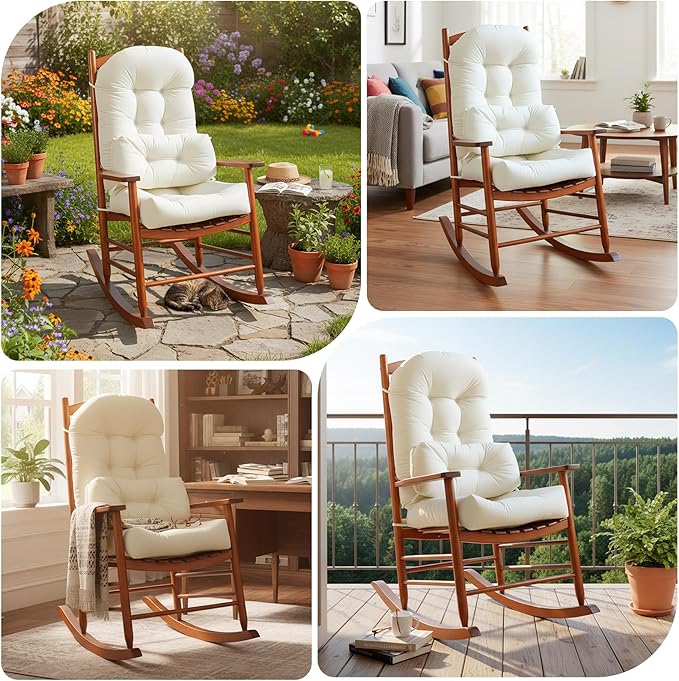 Rocking Chair Cushion Indoor Large Chair Pads Set with Ties Extra Lumbar Pillow Premium Dutch Velvet High Resilience Filler Non-Slip Bottom, Beige