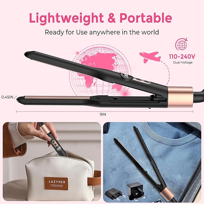 Mini Flat Iron Hair Straightener 1/3 Inch Pencil Flat Iron for Women Portable Travel Straightener and Curler 2 in 1 for Short Hair Beard and Pixie Cut with Adjustable Temp (Rose Gold)