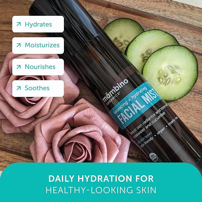 Mambino Organics Hydrating Facial Mist & Toner, Organic Rose Water Face Mist with Cucumber, Vegan Facial Spray for Sensitive Skin, Cruelty-Free Skincare, 4 fl oz, 2 Pack