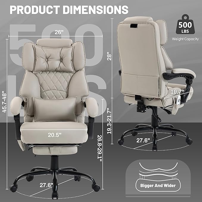 Massage Office Chair with Foot Rest,6 Points Vibration & Heat Executive Office Chairs for Heavy People,500LBS Big and Tall Office Chair,Ergonomic Reclining Desk Chair,Dual-Use Pillow,Beige