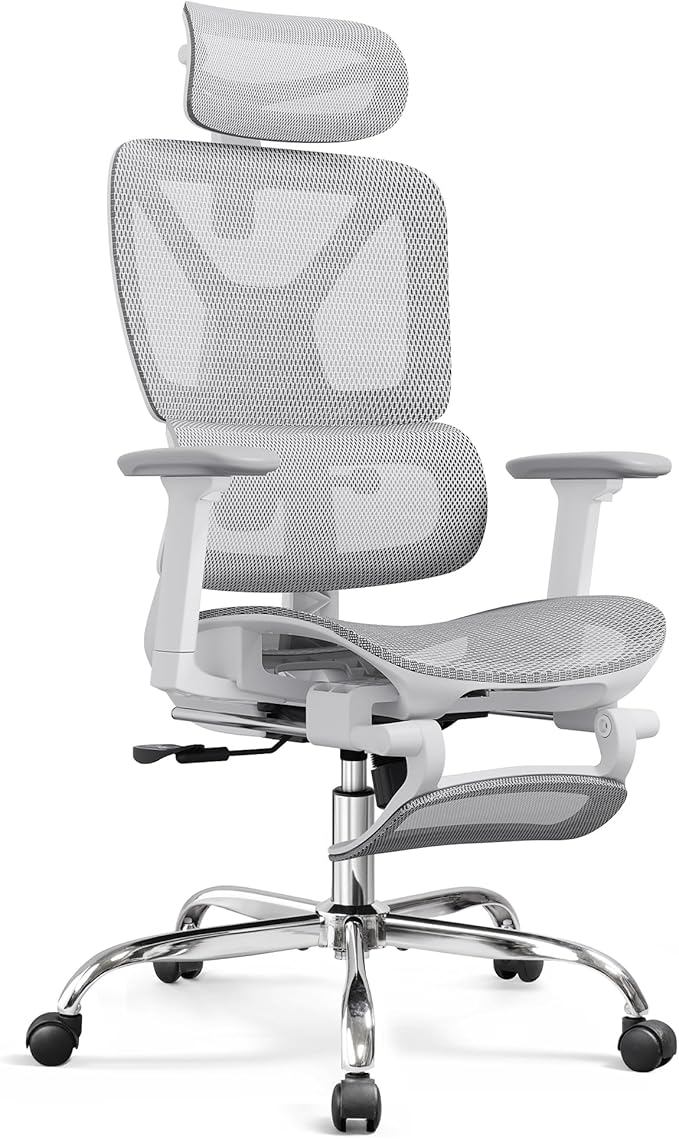 DEVAISE Ergonomic Mesh Office Desk Chair with a Footrest, Heavy Duty, High Back Reclining Swivel Comfy Home Computer Chair with Lumbar Support, SGS Class 4 Gas Lift, for Work Home Office, White